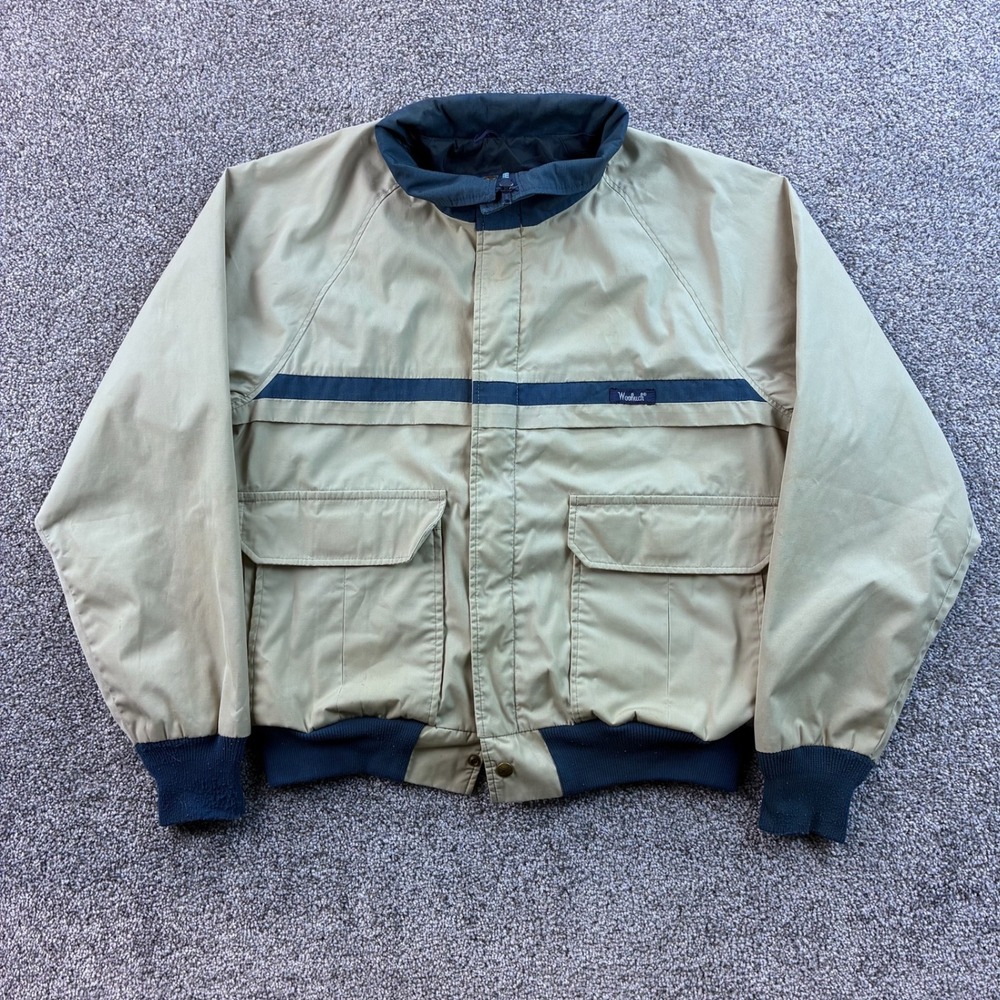 Vintage Woolrich Bomber Jacket Mens Large Tan Navy Blue Harrington Zip Up